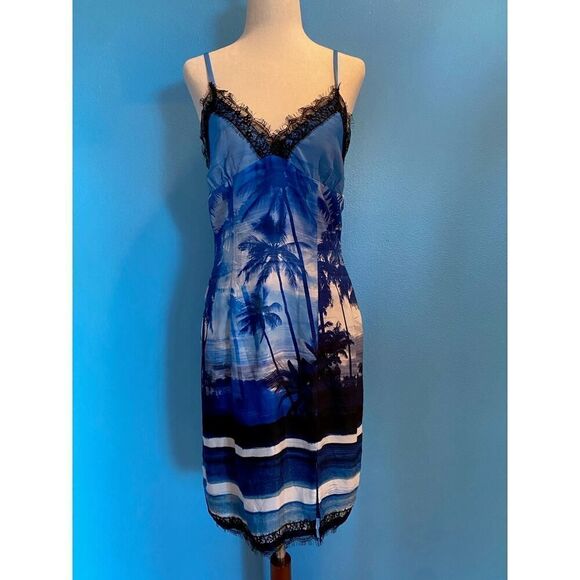 NWT Le Superbe Blue Tropical Print Slip Dress Summer Spaghetti Strap Lace Trim 0 - Picture 1 of 10